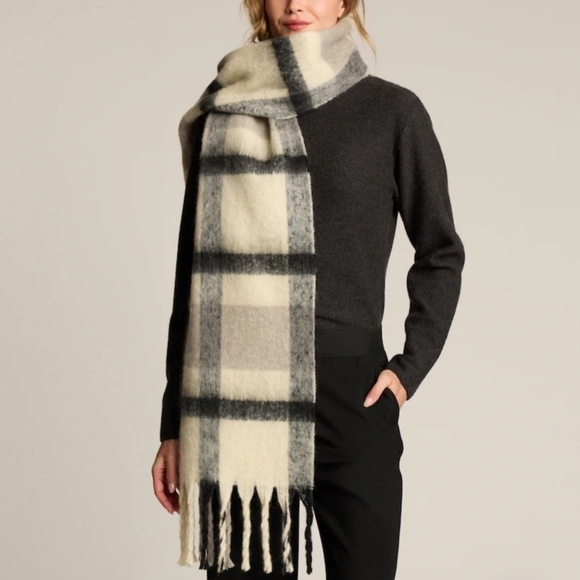 Love & Lore Brushed Fringe Scarf, Greyscale Modern Plaid - Picture 3 of 6